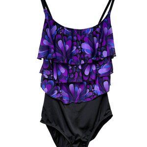 ROBBY LEN One Piece Swimsuit 14 Black Purple Mesh Ruffle Womens Swimwear